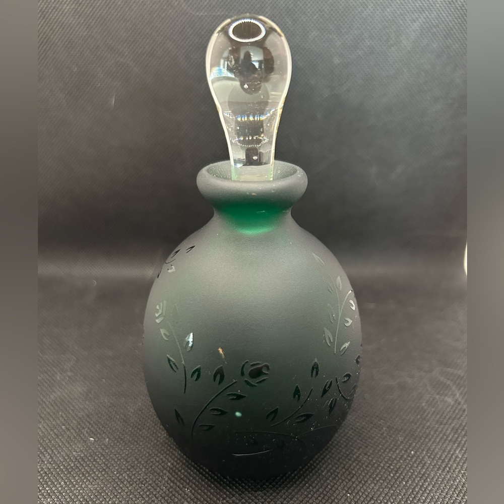 Elegant Green Frosted Glass Perfume Bottle With Etched Leaves & Glass Stopper